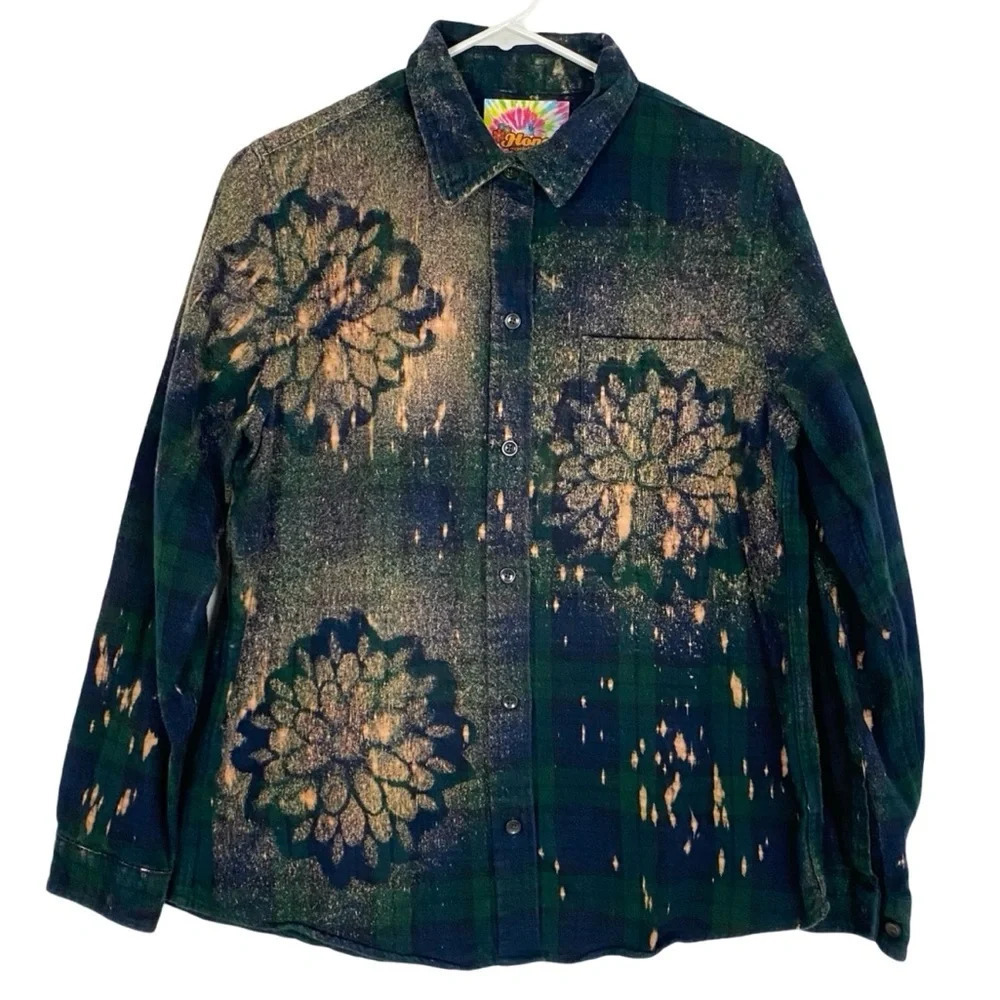 Handmade Boho Flannel Shirt Stencil Bleached Plaid Unisex Medium Green Navy Blue